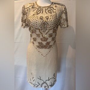 Vintage Dress Size Small Ivory and Gold Silk Sequin & Beaded Shirt Sleeve